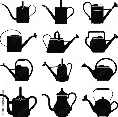"Set of twelve black silhouettes of watering cans and teapots arranged in grid, showcasing diverse spout styles, handle variations, and design differences for gardening and decorative illustration"