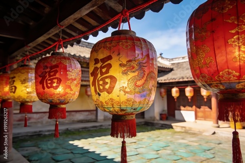 Traditional Chinese lanterns with dragon motifs and 'Fu' characters hang in a courtyard under a wooden eave, illuminated by sunlight.