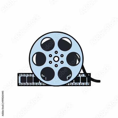 Light Blue Film Reel With Strip Of Film Horizontal On White Background Classic Cinema Concept
