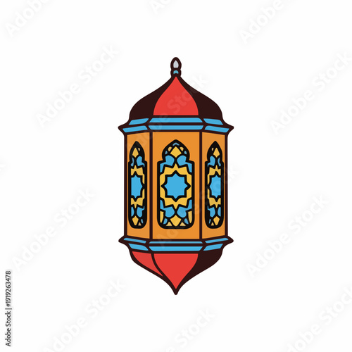Ornate Moroccan Lantern With Stained Glass Panels In Red Orange Blue And Yellow With Geometric Patterns On White Background