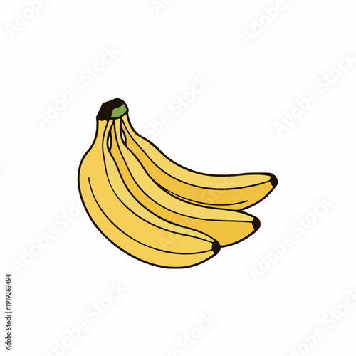Bunch of Ripe Yellow Bananas with Green Stems on White Background Simple Flat Illustration
