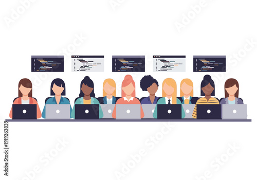 Diverse group of women collaborating on software development projects, coding on laptops in a modern technology workspace, vector illustration.