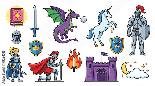 Epic medieval fantasy scene with knights, dragons, a unicorn, castle fortress, swords, shields, and magical artifacts