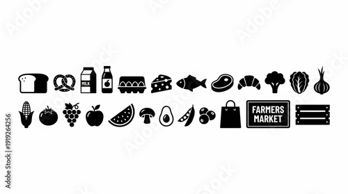 Collection of flat black grocery and farmers market icons, including bread, produce, dairy, meat, and other food items.