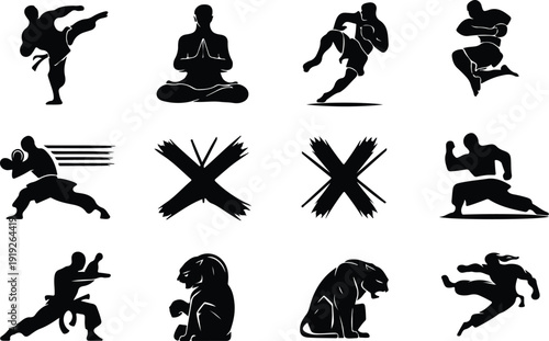 Martial Arts Icon Set Combat Vector Karate Taekwondo Fighter Icon Pack
