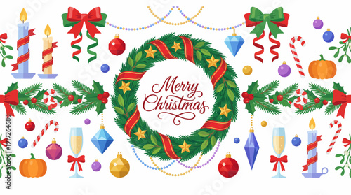 Festive Christmas scene featuring a colorful wreath, ornaments, ribbons, candles, and gifts for cheerful holiday decor