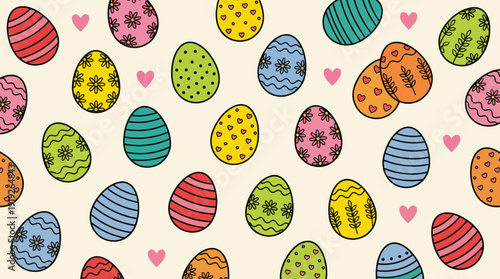 Vibrant, patterned Easter eggs in stripes, dots, and zigzags scattered on a white background for festive spring décor and Easter celebrations.