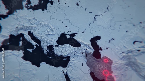 Military map of Iran showing airstrikes and military actions. Visual representation of conflict zones and strategic targets. Suitable for news reports, defense analysis, and geopolitical coverage.