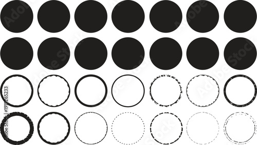 Black circle shapes and distressed round frames collection, solid disks and grunge outline rings isolated on white background, vector illustration set