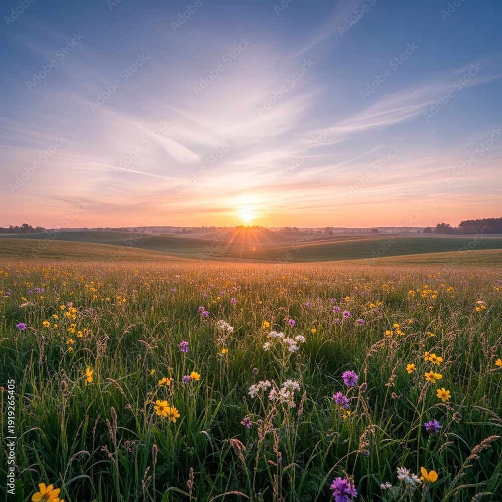 Obraz premium Sunrise over a field with flowers in the countryside during early morning