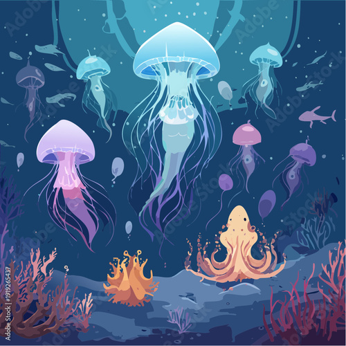 Vibrant Jellyfish and Marine Life Underwater Scene Illustration