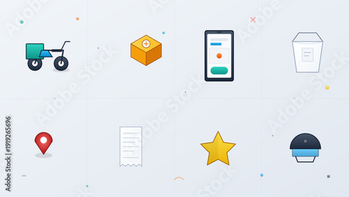 Food delivery and logistics icons with delivery bike package smartphone app takeout container location pin receipt star and helmet