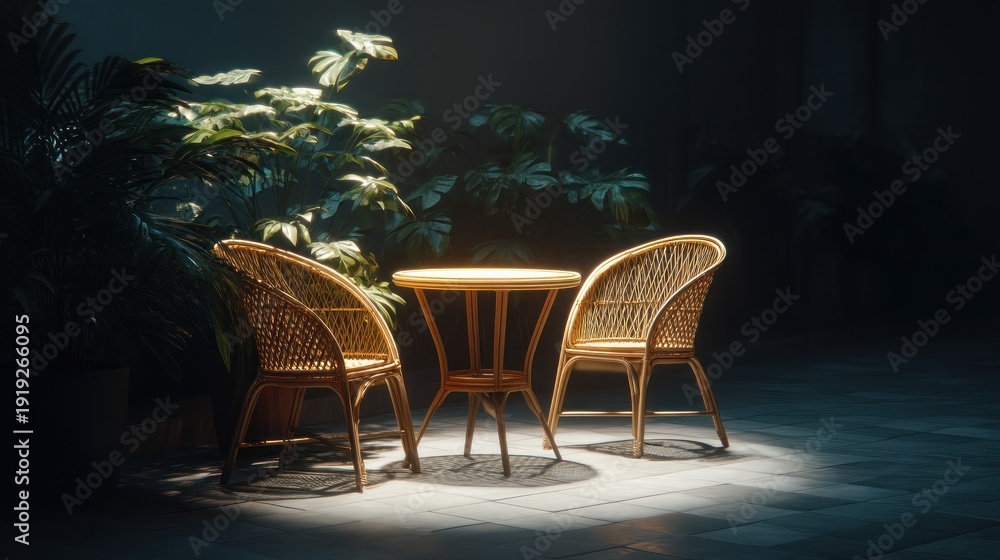 Fototapeta premium Wicker chairs and table illuminated against a backdrop of foliage and shadows