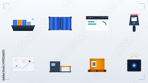 Logistics and supply chain management icons set featuring cargo ship shipping container barcode scanner and warehouse equipment