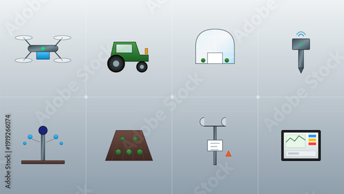 Smart farming icons set featuring drone tractor greenhouse soil sensor irrigation system field weather station and data tablet