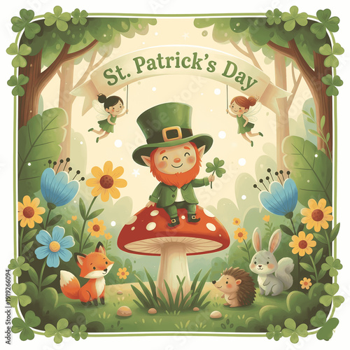 A cartoon leprechaun sitting on a mushroom surrounded by animals and flowers on St. Patrick's Day