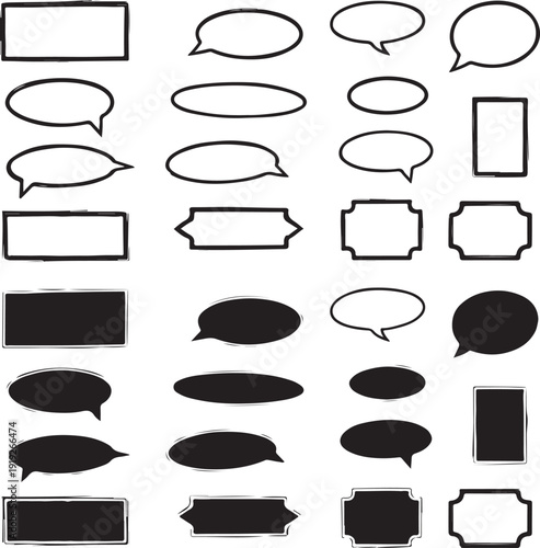 Collection of various speech bubbles and text boxes in black and white