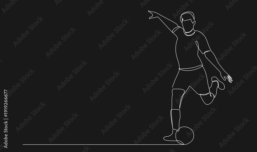 Obraz premium Continuous One Line Drawing of a Male Soccer Player Kicking a Football on a Black Background