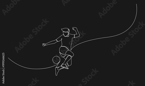 Continuous line art illustration of a soccer player performing an acrobatic volley kick with a football