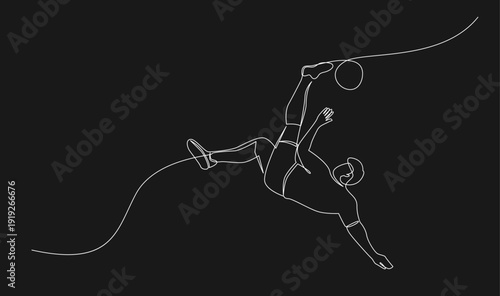 Continuous Line Art of Soccer Player Performing Overhead Kick with Football on Black Background