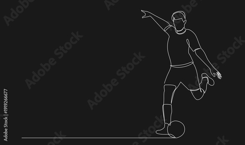Continuous One Line Drawing of a Male Soccer Player Kicking a Football on a Black Background