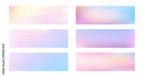 Holographic gradient backgrounds set with iridescent pearl shimmer. Soft pastel pink and purple ombre texture, rainbow foil effect for elegant design. Vector abstract bg