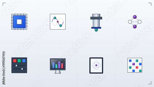Set of technology and data science icons featuring microchip analytics graph 3d printing network and digital interface elements