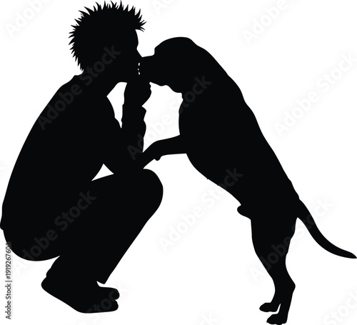 Man kneeling with dog silhouette, emotional bond between pet owner and loyal canine vector illustration isolated background