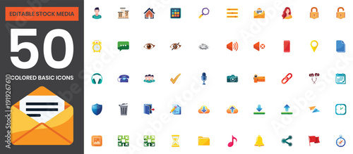 A set of 50 editable colored basic icons in a vector file format for various digital and design applications