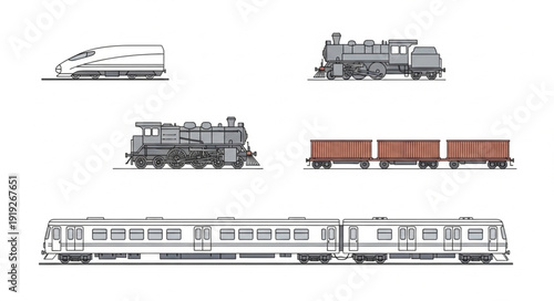 Collection of different types of trains and locomotives.