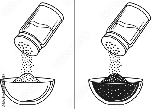 Black and white vector illustration of salt or pepper shakers pouring seasoning into a bowl in outline and silhouette styles for cooking branding