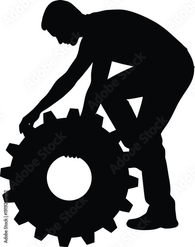 A pure black silhouette of a person in a stooping posture, interacting with and adjusting a large gearwheel, symbolizing maintenance and control, a clean white background