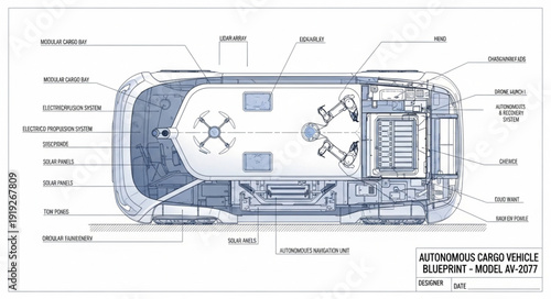 Detailed Blueprint of a Futuristic Space Vehicle Interior Layout.