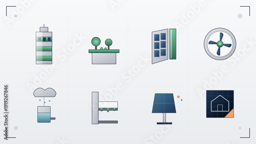 Sustainable architecture and renewable energy icons set including solar panel wind turbine green roof and rainwater harvesting system