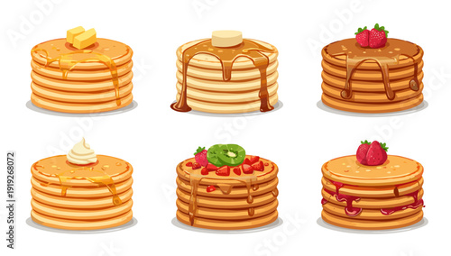 Sweet Pancake Stack Collection with Butter, Syrup, Cream and Strawberry Toppings Vector Illustration Isolated on White Background