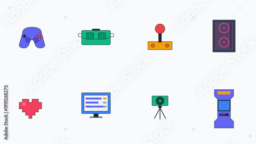 Gaming and technology icons including gamepad joystick virtual reality headset arcade machine and pixel heart on white background