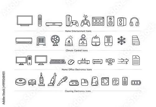 Home electronics outline icon set. Gadgets, audio, appliances icons collection