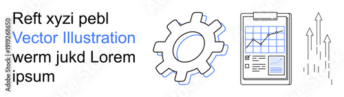 Data analytics, business strategy, process optimization, workflow management, growth planning, teamwork. Gear, clipboard with chart and arrows for growth. Data analytics and business strategy theme