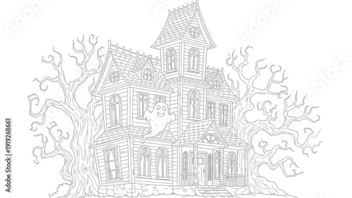 Haunted house and friendly ghost coloring page for kids.
