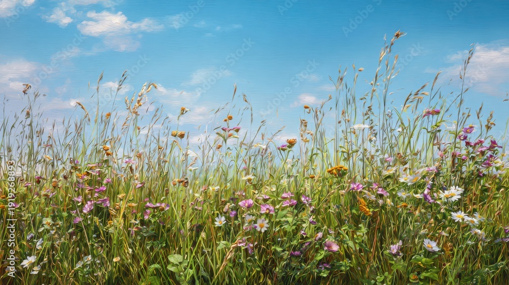 Obraz premium lush summer meadow with wildflowers, tall grass waving in warm sunlight, vibrant greens and colorful blossoms, natural summer serenity, ultra