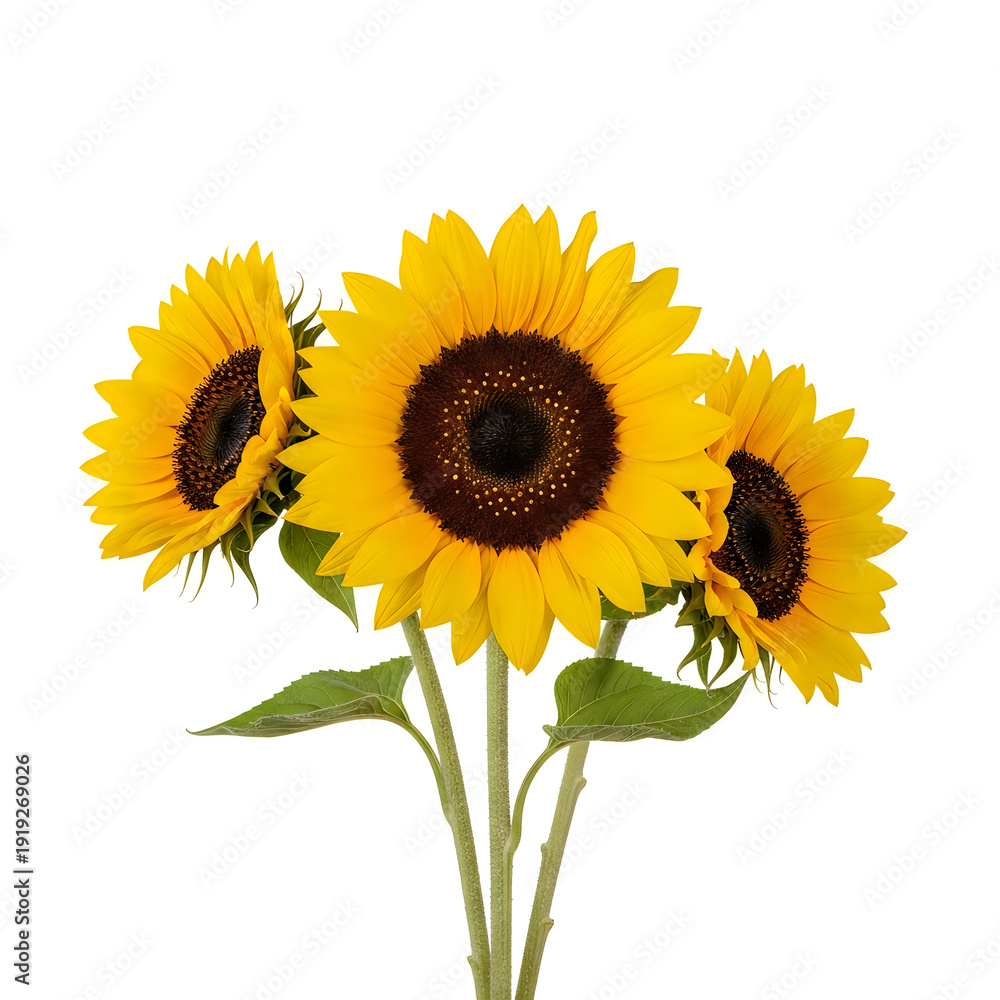 Obraz premium Three vibrant sunflowers in full bloom with green leaves on a white background.