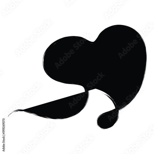 A black heart shaped ink blot with a tail on a white background