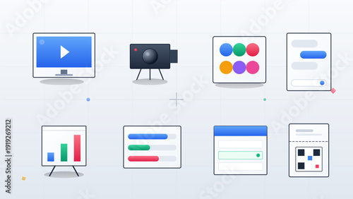 Set of modern digital media and business data icons including video player camera charts and messaging interface on white background