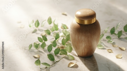 Smooth wooden cremation urn rests on a pale surface surrounded by delicate foliage and soft sunlight