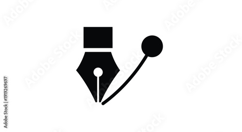 Minimalist black silhouette of a fountain pen and a circular dot