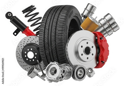 An assortment of car parts including a tire, brake disc, and various tools.