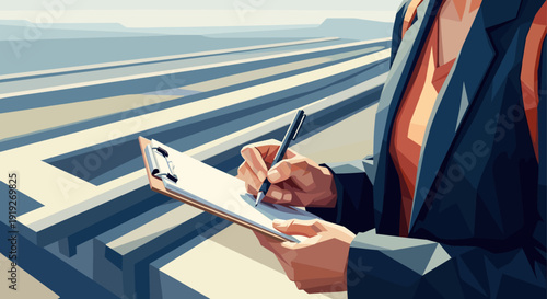 Professional in geometric style writing on clipboard in outdoor setting