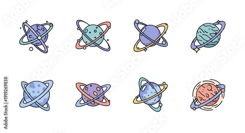 Cartoon planets set on white background