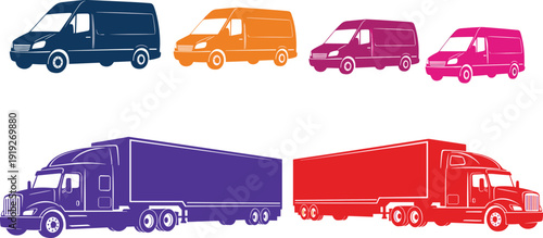 Colorful delivery vans and semi trailer trucks vector illustration set, commercial cargo transport vehicles isolated on gray background for logistics and shipping design