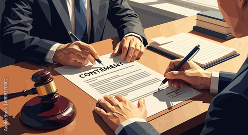Legal agreement signing with gavel on desk in sunlit office setting